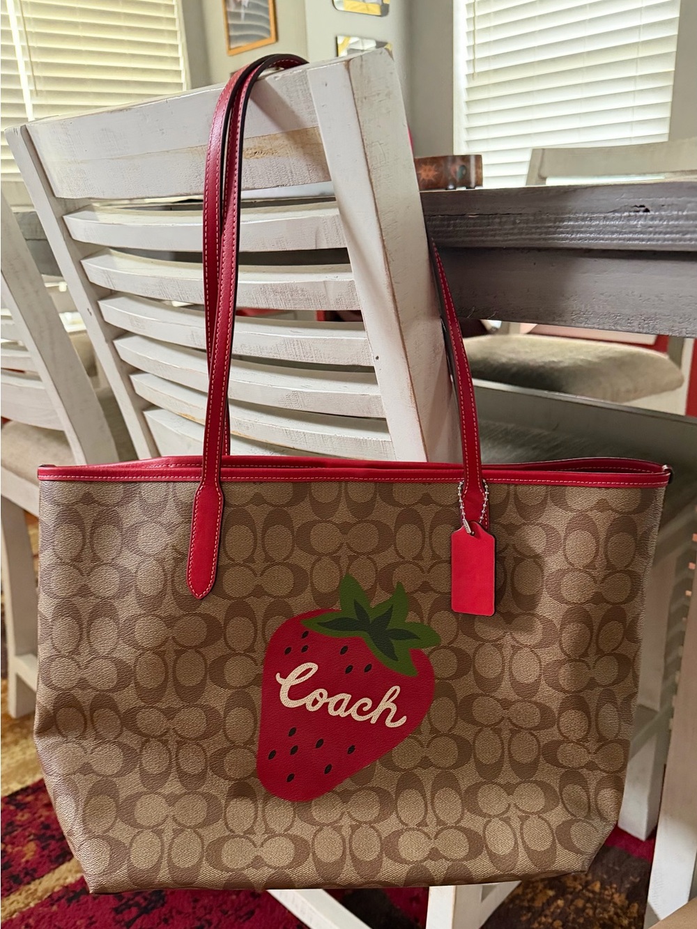 Coach Brown Signature Canvas Tote with Red Strawberry Accent